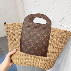 Leather-paneled Woven Straw Bag