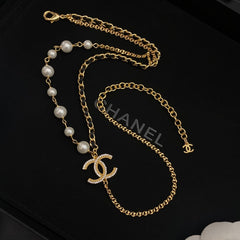 Double Pearl Leather Chain Necklace