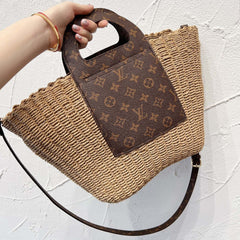 Leather-paneled Woven Straw Bag