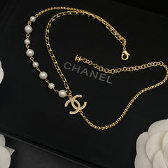 Double Pearl Leather Chain Necklace