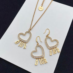 Crystal Diamond Heart Earrings Necklace Set