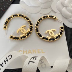 Gold Studs with Black Leather Hoop Earrings