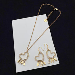 Crystal Diamond Heart Earrings Necklace Set